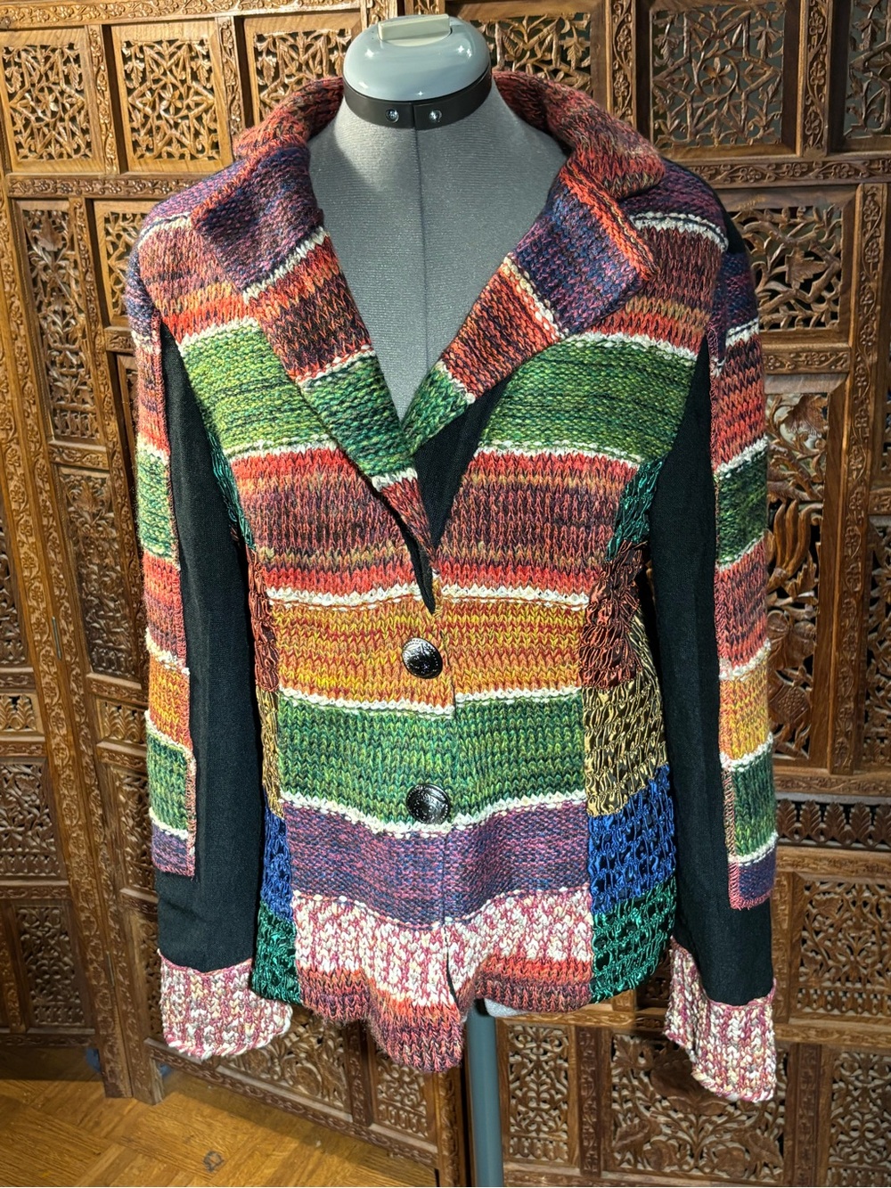 Multicolor Striped Knit Patchwork Cardigan - Button Front